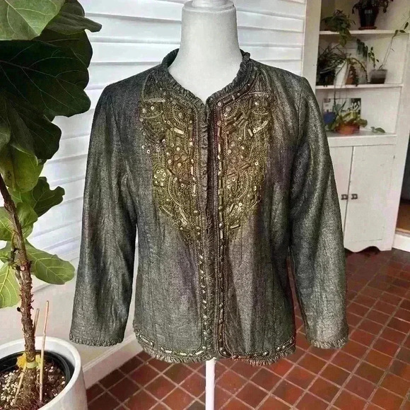 Chico’s Jacket- Fully lined ruffled detailed and sequin beading all thru -SZ 1 - Picture 1 of 7
